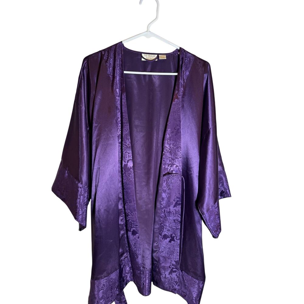 Vintage Victoria's Secret Gold Label Robe Purple Satin Jacquard Kimono Floral